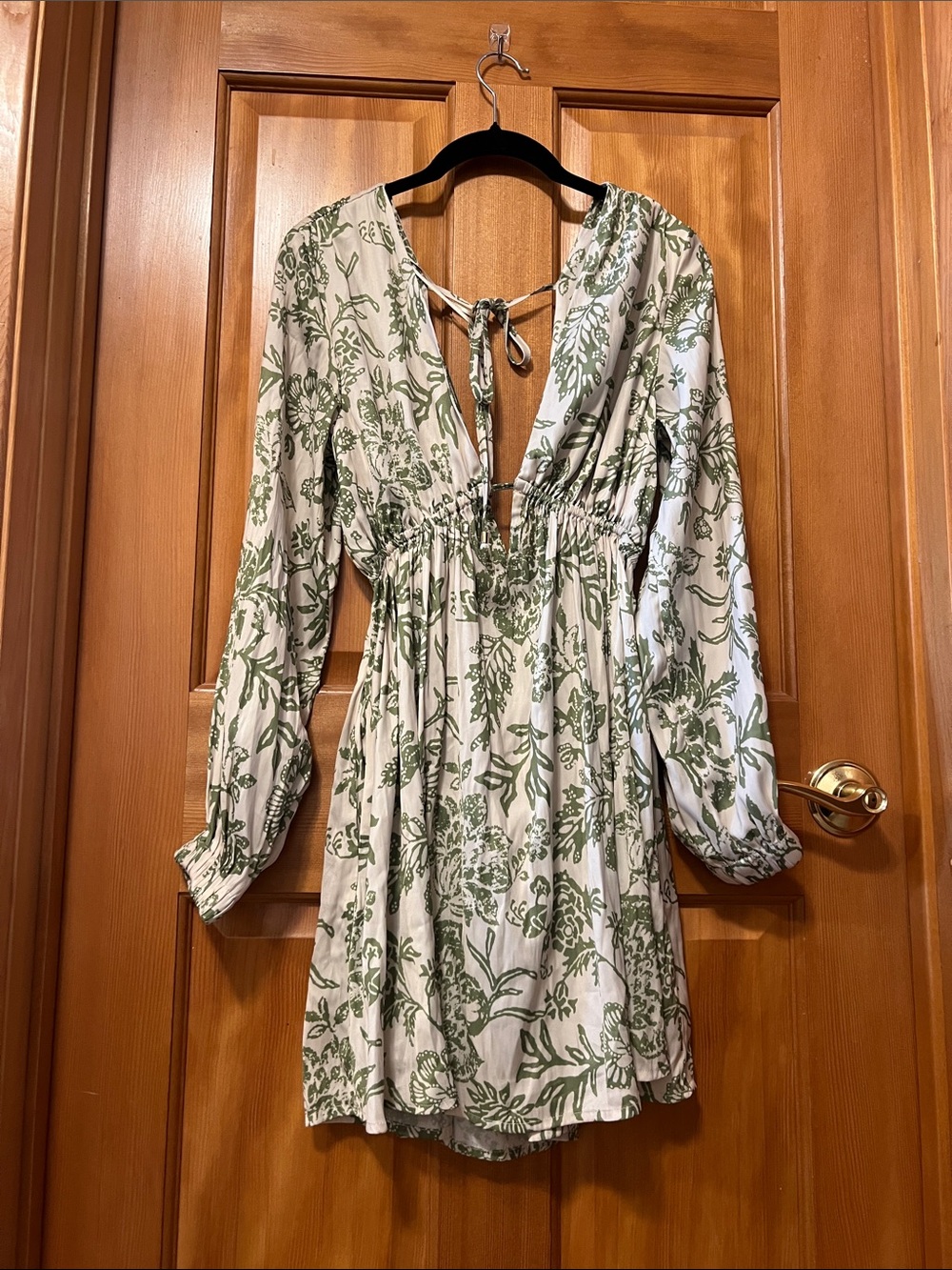 Free People Green & White Floral Tie-Back Long Sleeve Mini Dress